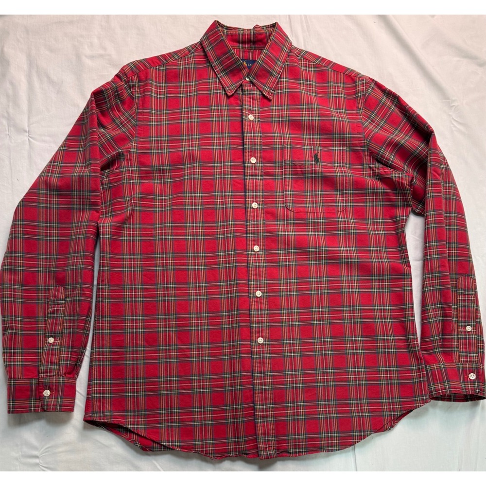 Ralph Lauren Mens Red Plaid Button Down Shirt Large Long Sleeve Cotton Pony Logo